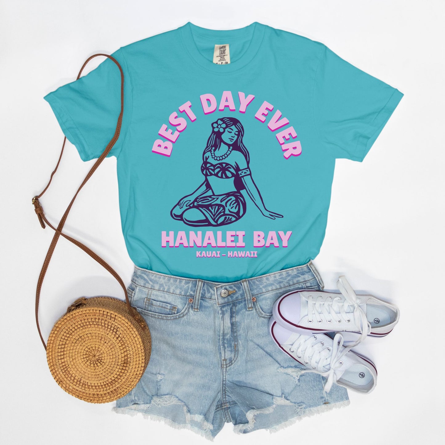 Limited edition - Pink Best Day Ever logo girl - Cotton T Shirt Ocean Blue
