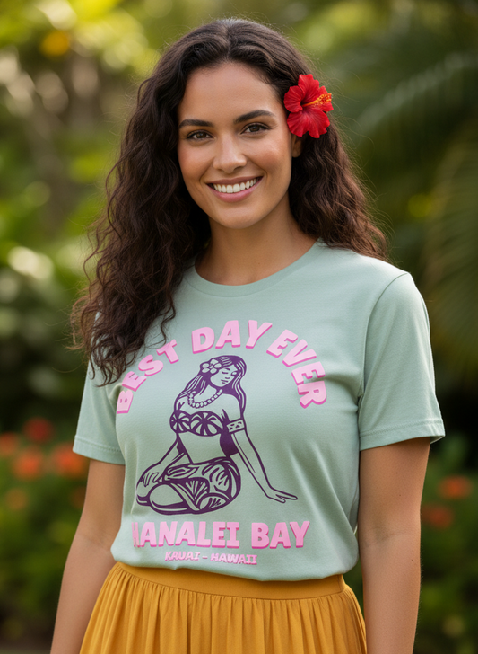 Limited edition Pink - Best Day Ever Logo Girl - Hanalei Bay - Cotton T Shirt - Sage