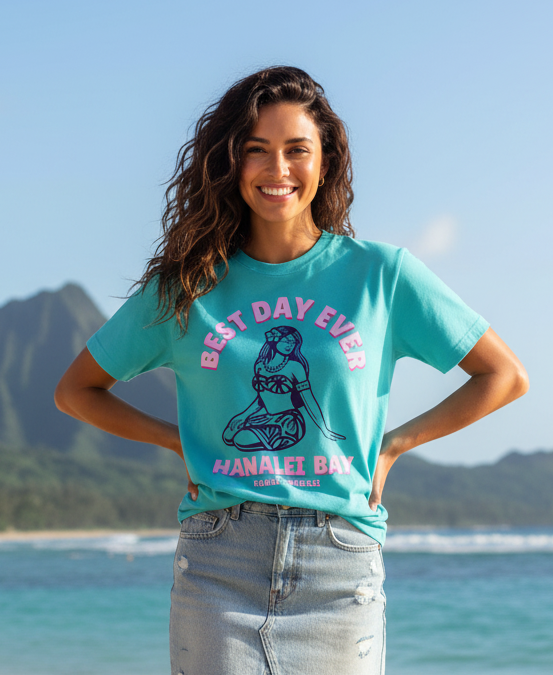 Limited edition - Pink Best Day Ever logo girl - Cotton T Shirt Ocean Blue