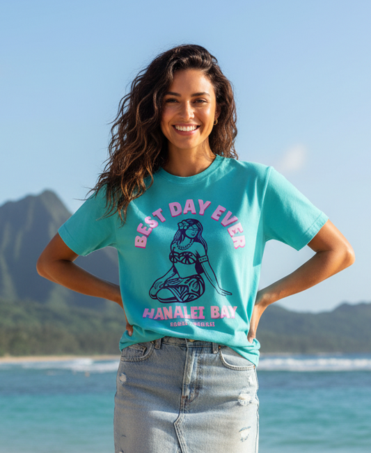 Limited edition - Pink Best Day Ever logo girl - Cotton T Shirt Ocean Blue
